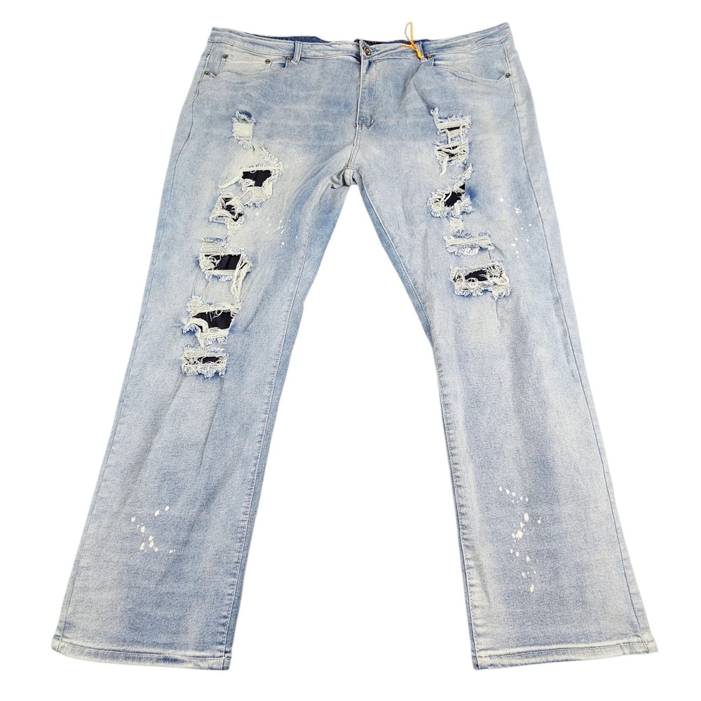 M.Society Mens 50x32 Distressed Light Wash Paint Splatter‎ Straight Leg Jeans